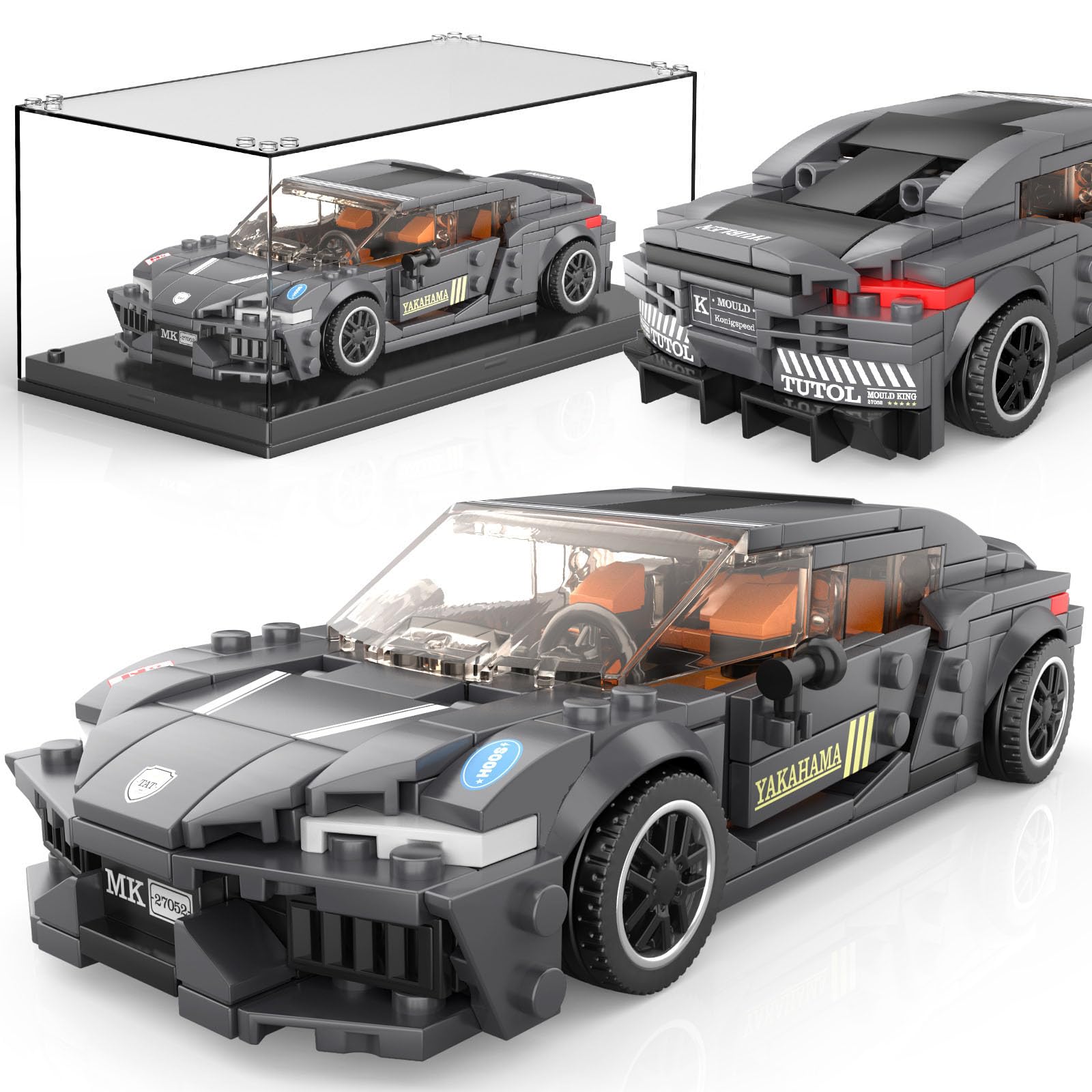 Mould King Speed Champion Auto Serie mit Acrylvitrine, Technische Bausteine 27052 Rennwagen Sportwagen Bauspielzeug, sammelbares Modellauto，Klemmbausteine Rennauto Bausätze für Kinder (389 Teile).