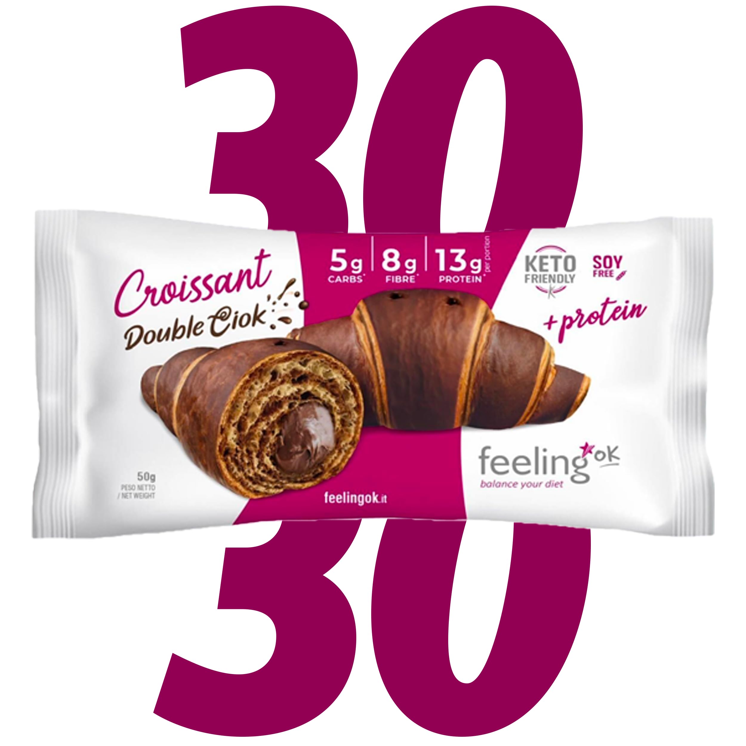 FEELING OK - Croissant Double Cioc - Croissant Doppio Cioccolato Proteico con Riepieno - 50 gr x 30 Croissant