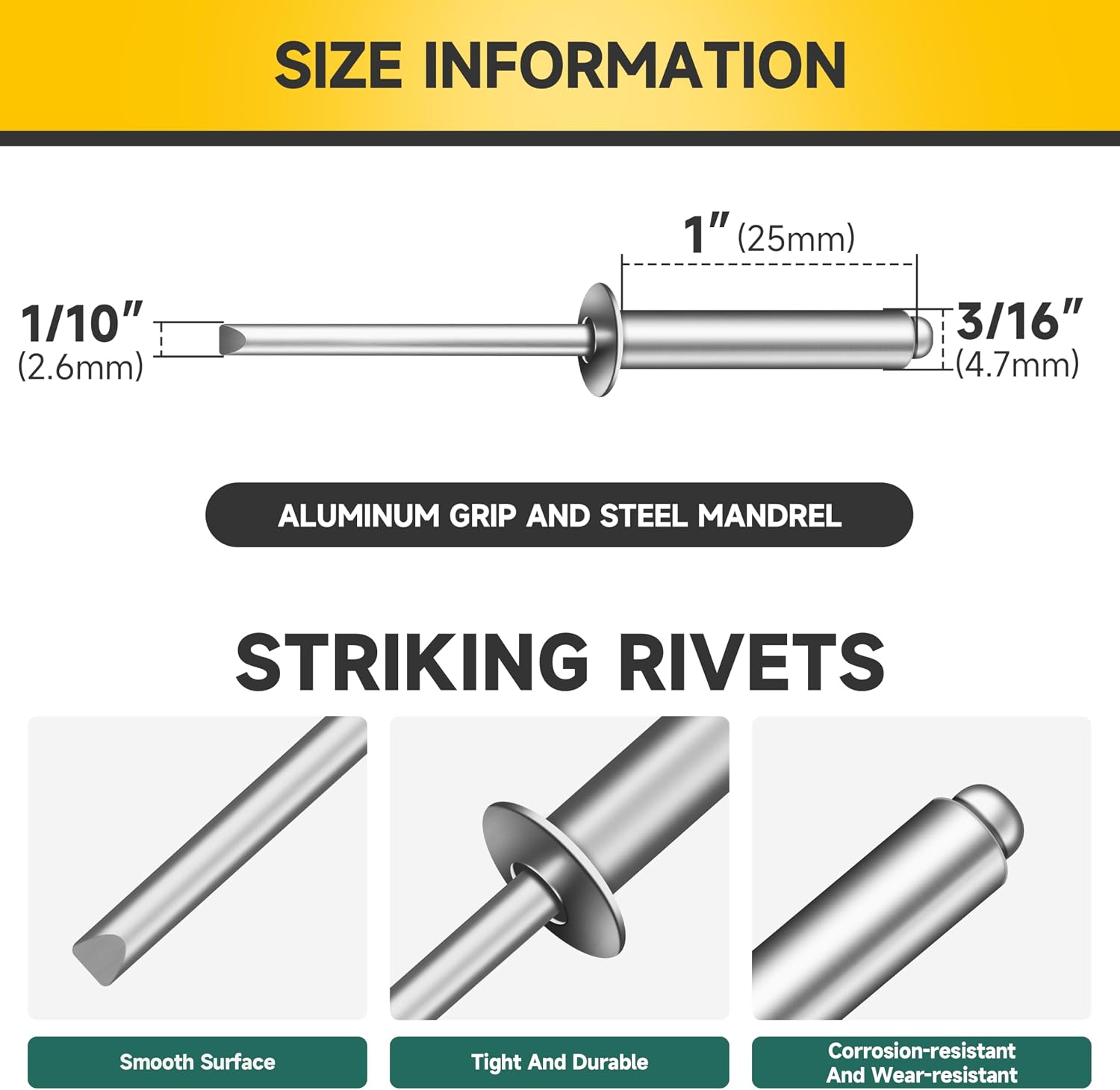 Mywish (150Pcs) 3/16" x 1" Blind Pop Rivets 3/16 Aluminum Grip and Steel Mandrel Blind Rivets, Open End 3/16 Rivets for Metal
