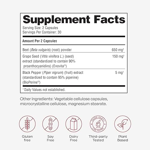 Miniatura 7 de Cápsulas de polvo de remolacha Sandhu's con Bioperina  Remolacha con pimienta negra y extracto de semilla de uva  60 cápsulas, suministro para 30