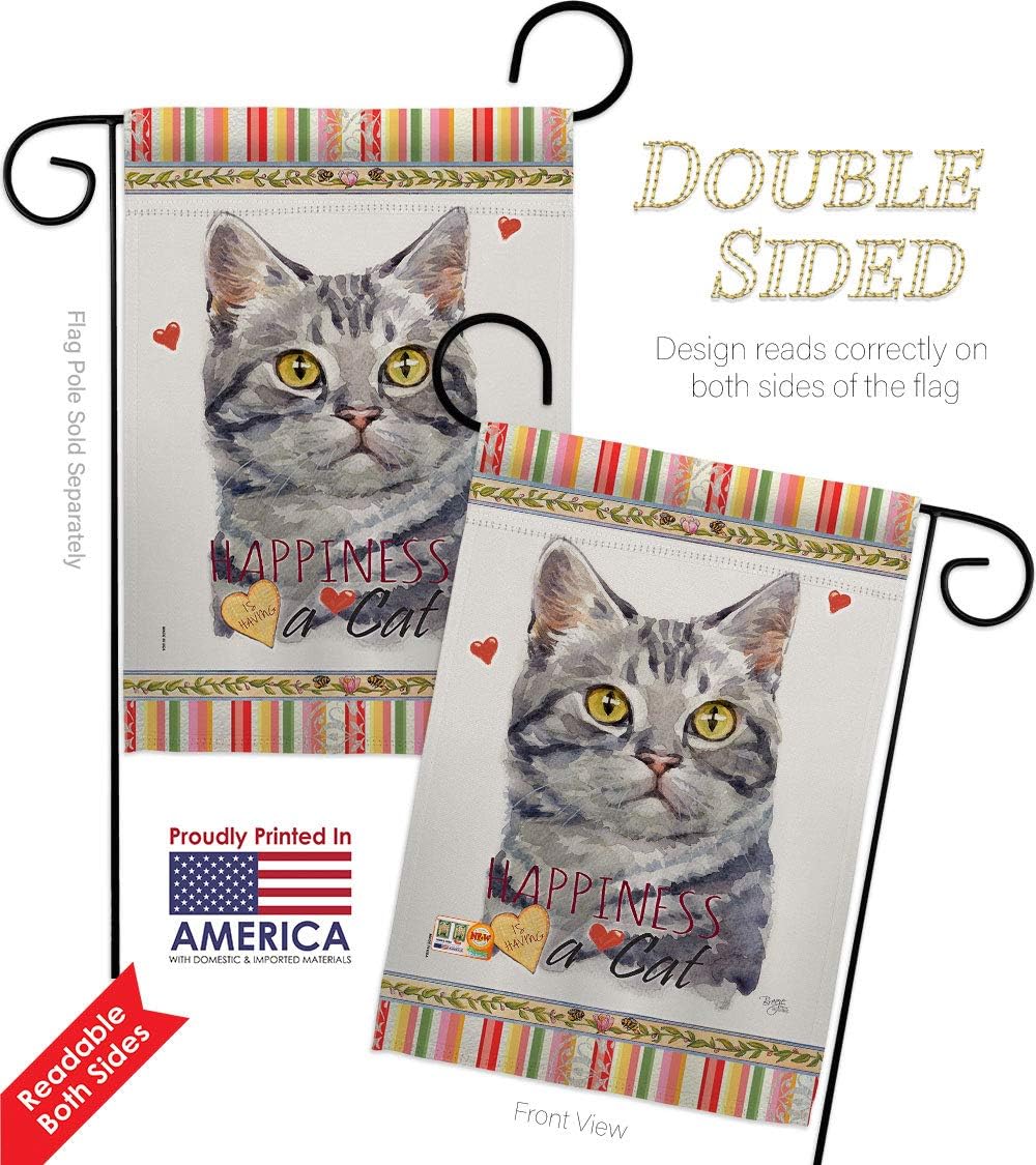 Red American Short Hair Happiness Garden Flag Set Wall Holder Animals Cat Kitten Meow Spoiled Paw Fur Pet Nature Farm Animal Creature Small Gift Yard House Banner Double-Sided Made In USA 13 X 18.5