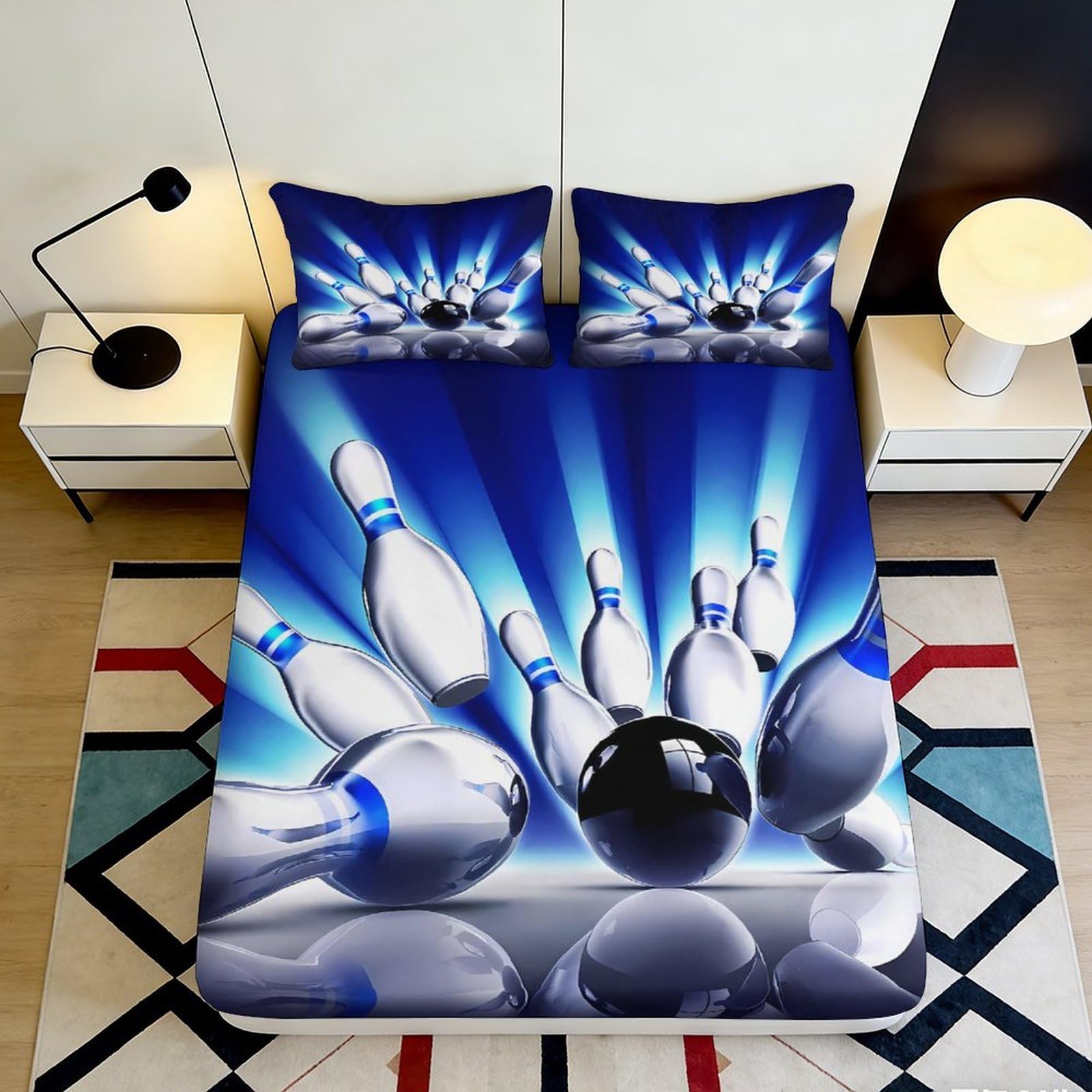 3D Printed Bowling Strike Fitted Sheet Microfiber Blue Pin Ball Mattress Cover for Bedroom Dorm Protection Decor 120x200x25cm
