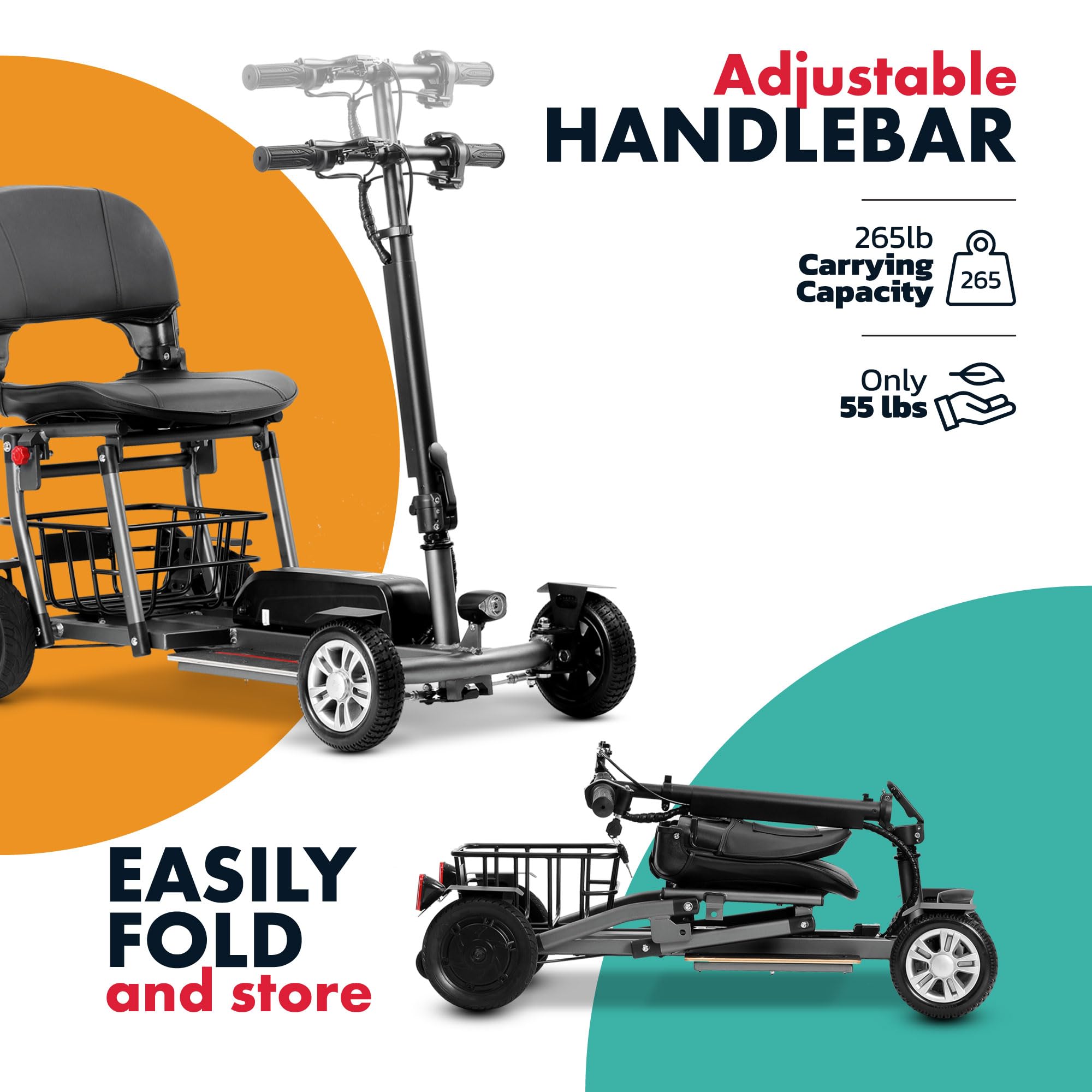 Rubicon FX4 - Lightweight 4 Wheel Foldable Mobility Scooters for Adults and Seniors - Detachable Lithium Battery - More Faster (9 Miles/Hour Speed) - Travel Friendly