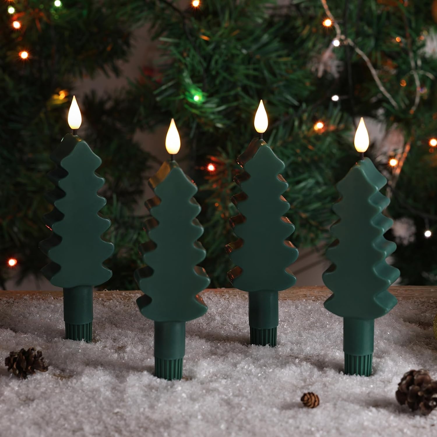 Eywamage Green Christmas Tree Flameless Taper Candles with Remote, Short Battery LED Wax Candlesticks Holiday Decor Set of 4
