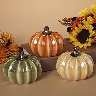 One Holiday Way 3.75-Inch Rustic Ceramic Decorative Faux Pumpkin Figurin...