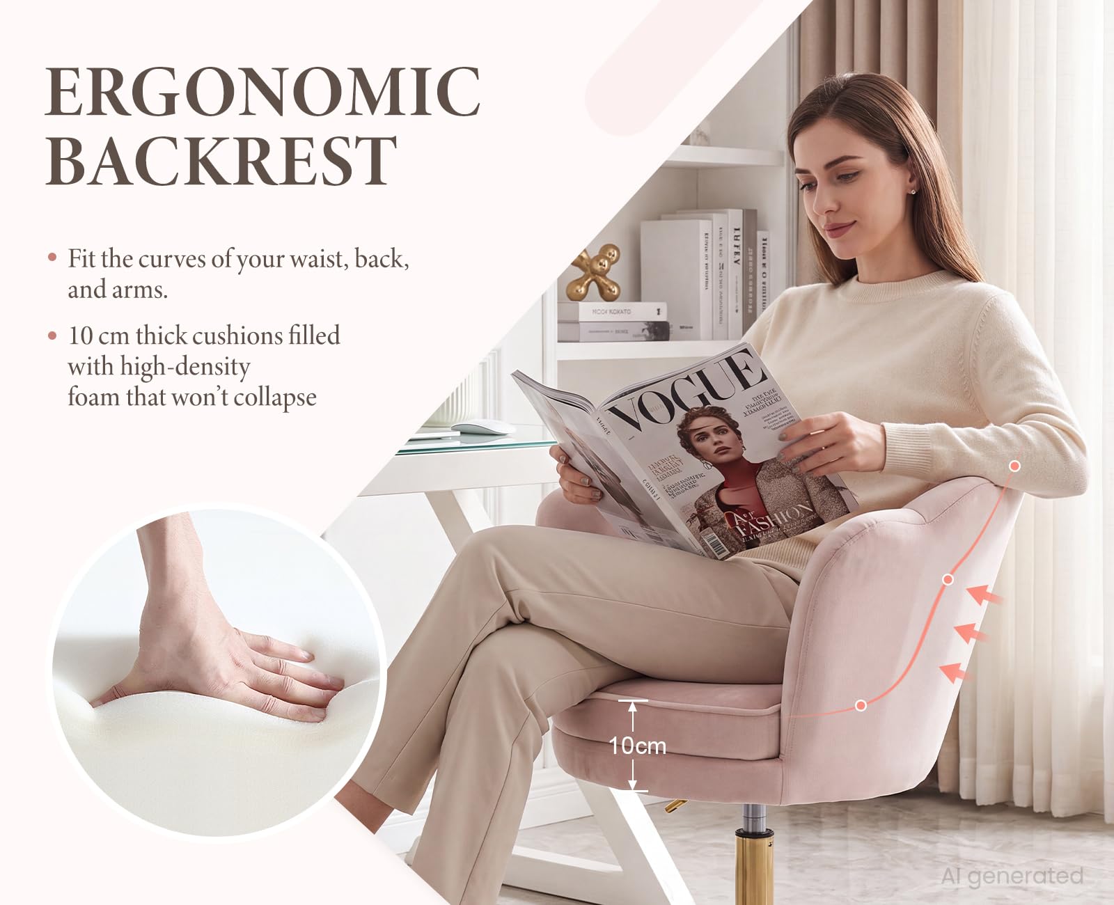 Ya-Home Silla Tocador Silla Escritorio de Terciopelo con Ruedas,Rosa Claro | Terciopelo, Giratorio, Ruedas, Altura Ajustable, 10cm Cojin Grueso, Forma de Flor, para Tocador/Dormitorio/Oficina, MAX 136KG