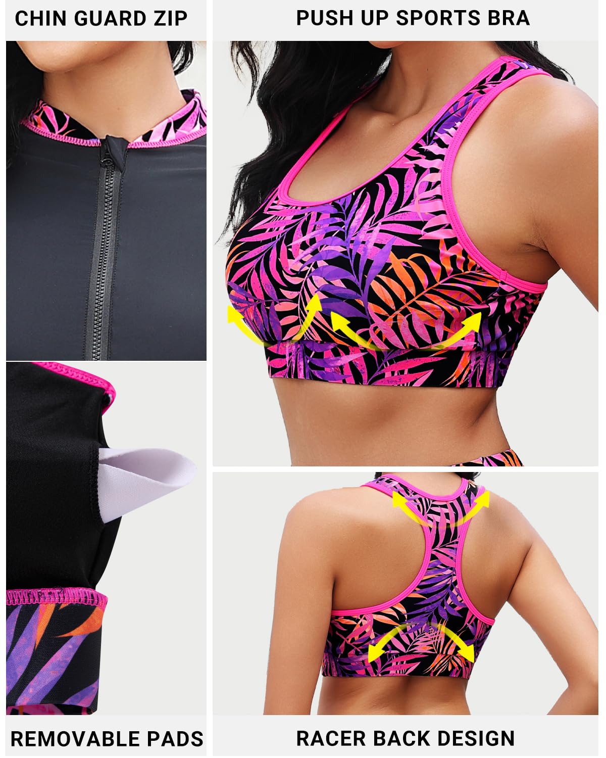 Daci Camiseta de natación de 3 piezas para mujer, camiseta de manga larga con cremallera, brasier deportivo, traje de baño modesto con pantalones cortos