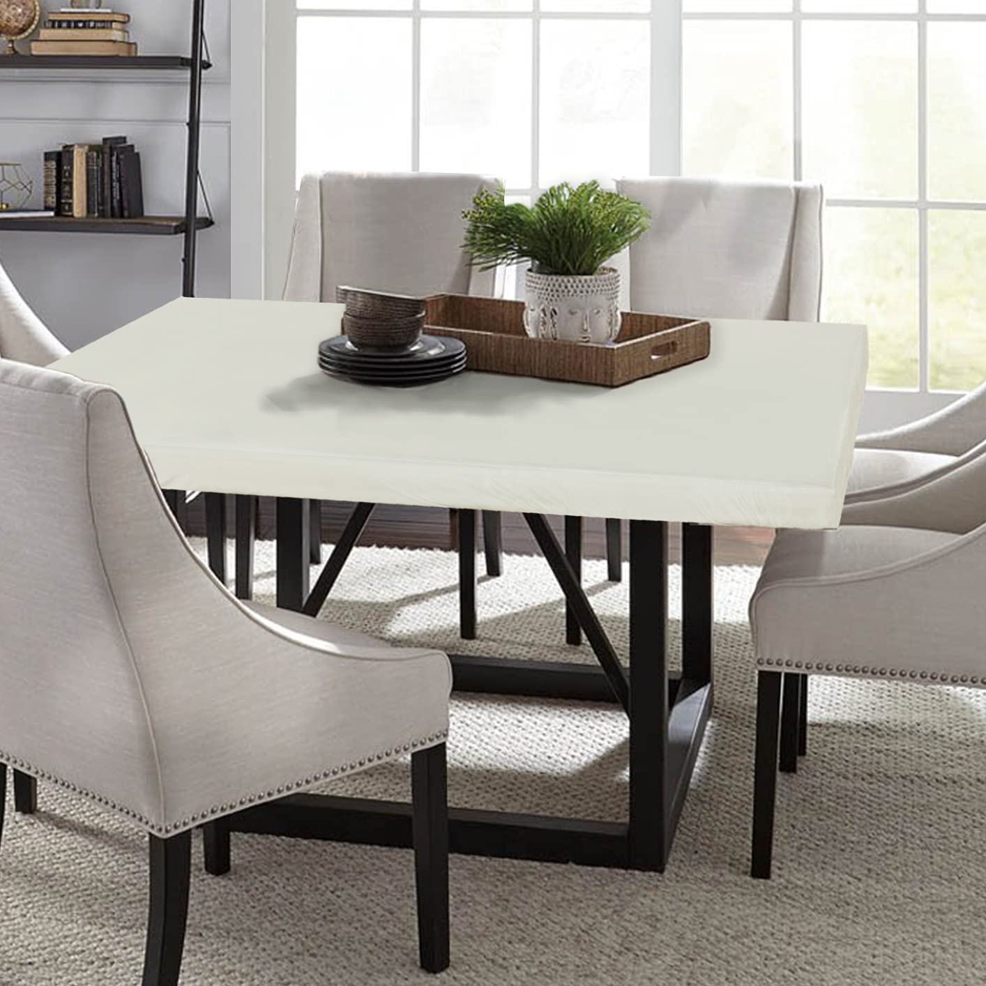 LUSHVIDA Square Waterproof Table Cover Elastic Tablecloth Vinyl Fitted Table Cover Elastic Edged Plastic Table Cover Fits Tables up to 46" 46" Beige