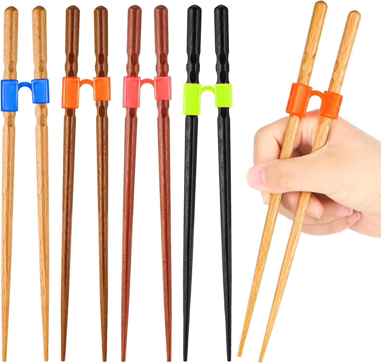 5 Pairs Training Chopstick Helpers Reusable Chopsticks for Beginner Non Slippery Replaceable Practice Heat Resistant Holder with Clip for Trainer(Wood,Multi Colors)