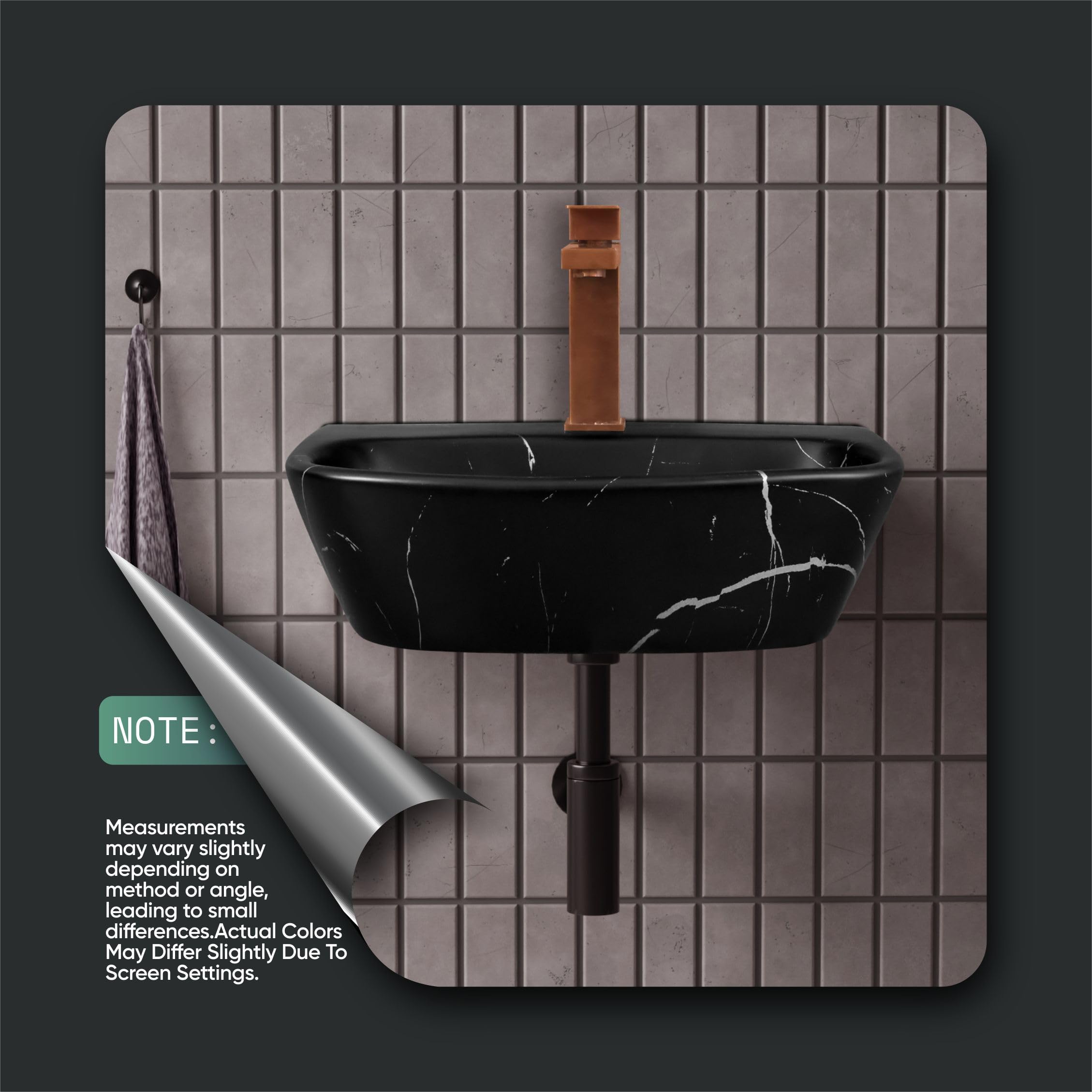 HISRE Wall Mount Wash Basin 17 x 12 x 5 Inch | Black Grey Marble Finish Ceramic Sink | Modern Rectangular Bathroom Basin for Home, Office, and Hotels, photo 4 of 5