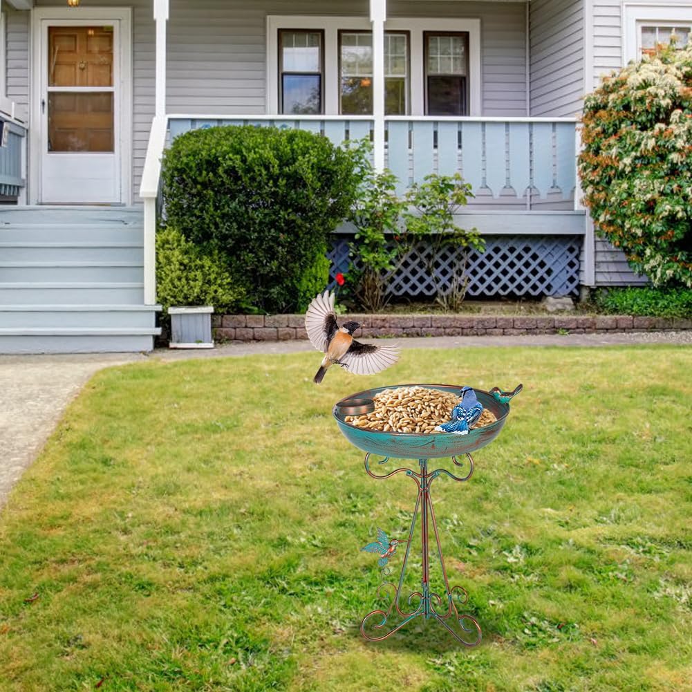 dreamysoul Bird Bath 12" Dia Bowl, Metal Birdbath with Feeder, Pedestal Bird Baths for Outside Outdoors Garden Patio Yard (Bronze)