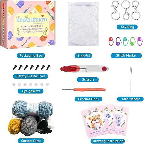Miniatura 2 de Kit de ganchillo para adultos principiantes, kits de tejido de animales lindos (koala, tigre, elefante) con tutoriales en video paso a paso, juego