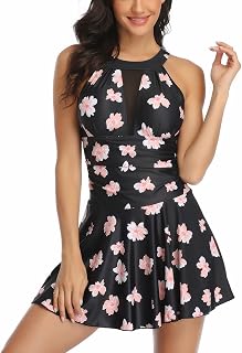 Mingnos Women's Swimdress Tummy Control One-Piece Swimsuits Printed Flowy Lace Skirted Swimwear Bathing Suit