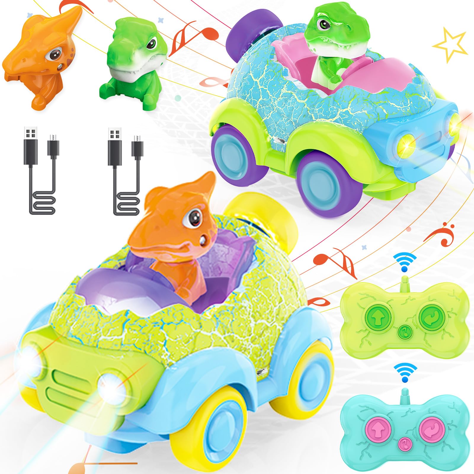 Coche Teledirigido Niños, Dinosaurios Juguetes Coche para Niños, Set de 2 Dinosaurio Teledirigido Coches, Dinosaurios Juguetes Coches con Luces y Músic, Regalos para niños y niñas 2-6 Años