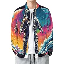 Men's Planet Print Bomber Jacket, Zip Up Lightweight Baseball Flight Jacket Windbreaker with Pockets, Casual Coat
