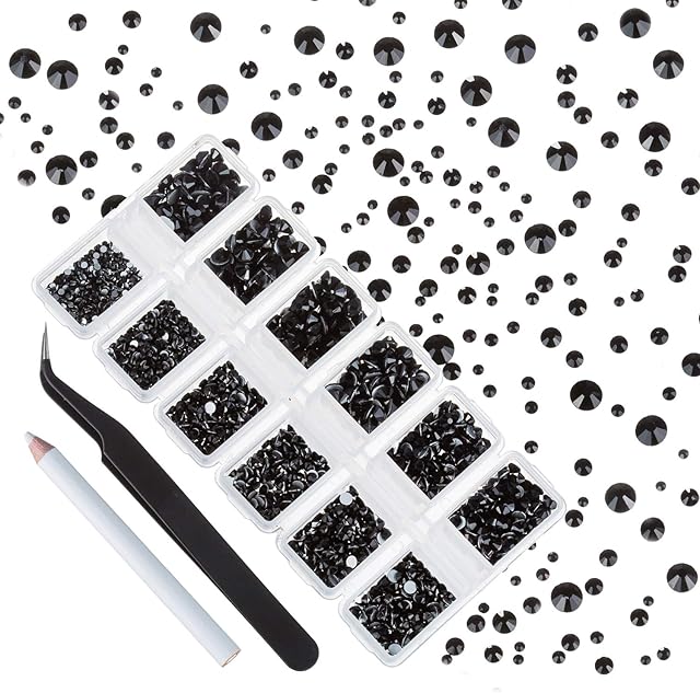 4200 Pieces Flat Back Black Nail Art Rhinestones for Nail Art Decorations, Round Crystal Gems Stickers for Clothes and Craft, 1.5 mm - 4.8 mm, 6 Sizes