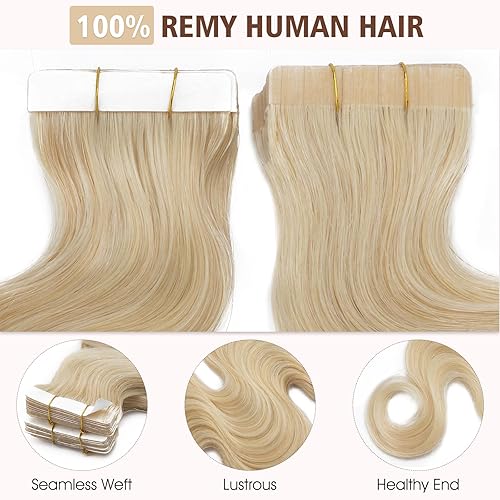 Miniatura 3 de Hairro Extensiones de cabello humano adhesivas de 14 pulgadas, 20 unidades de 1.41 ozpaquete, #613 rubio decolorado, largo, ondulado, sin costuras,