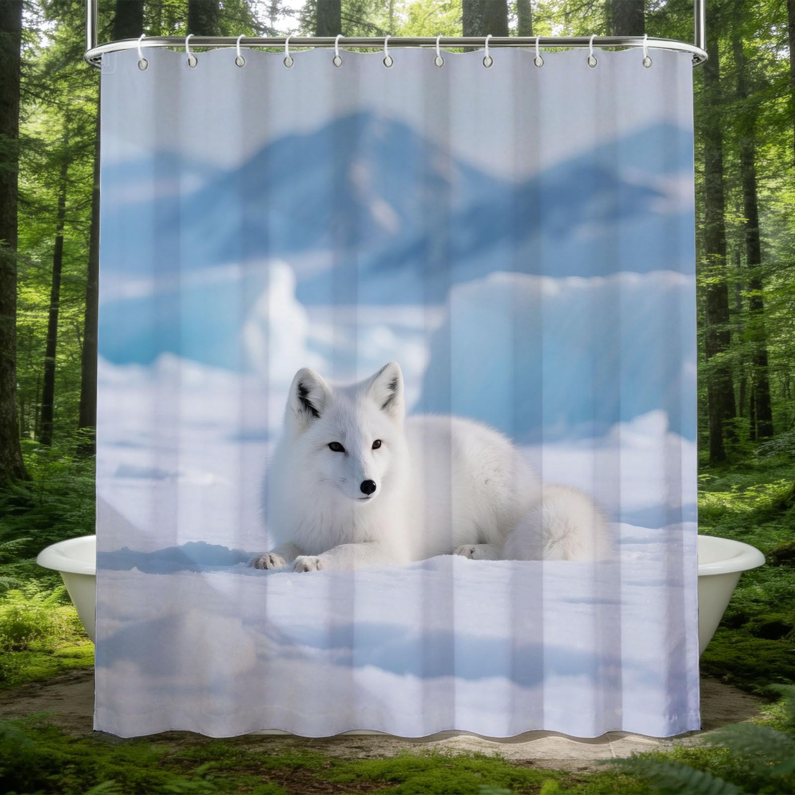 Hongduo 3D Arctic White Fox Landscape Shower Curtain for Stalls Bathtubs Wildlife Animal Bathroom Decor Shower Curtain Set Polyester Fabric Waterproof 200x200cm/79X79 Inch with Hooks