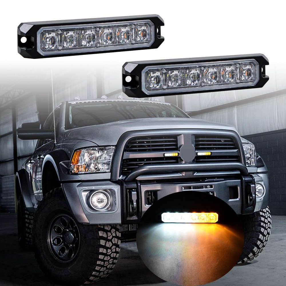 Astra Depot 16pcs AMBER&WHITE 30W 6-LED IP68 Emergency Warning Hazard Surface Mount Synchronous Flashing Strobe Light Car Truck 12V-24V