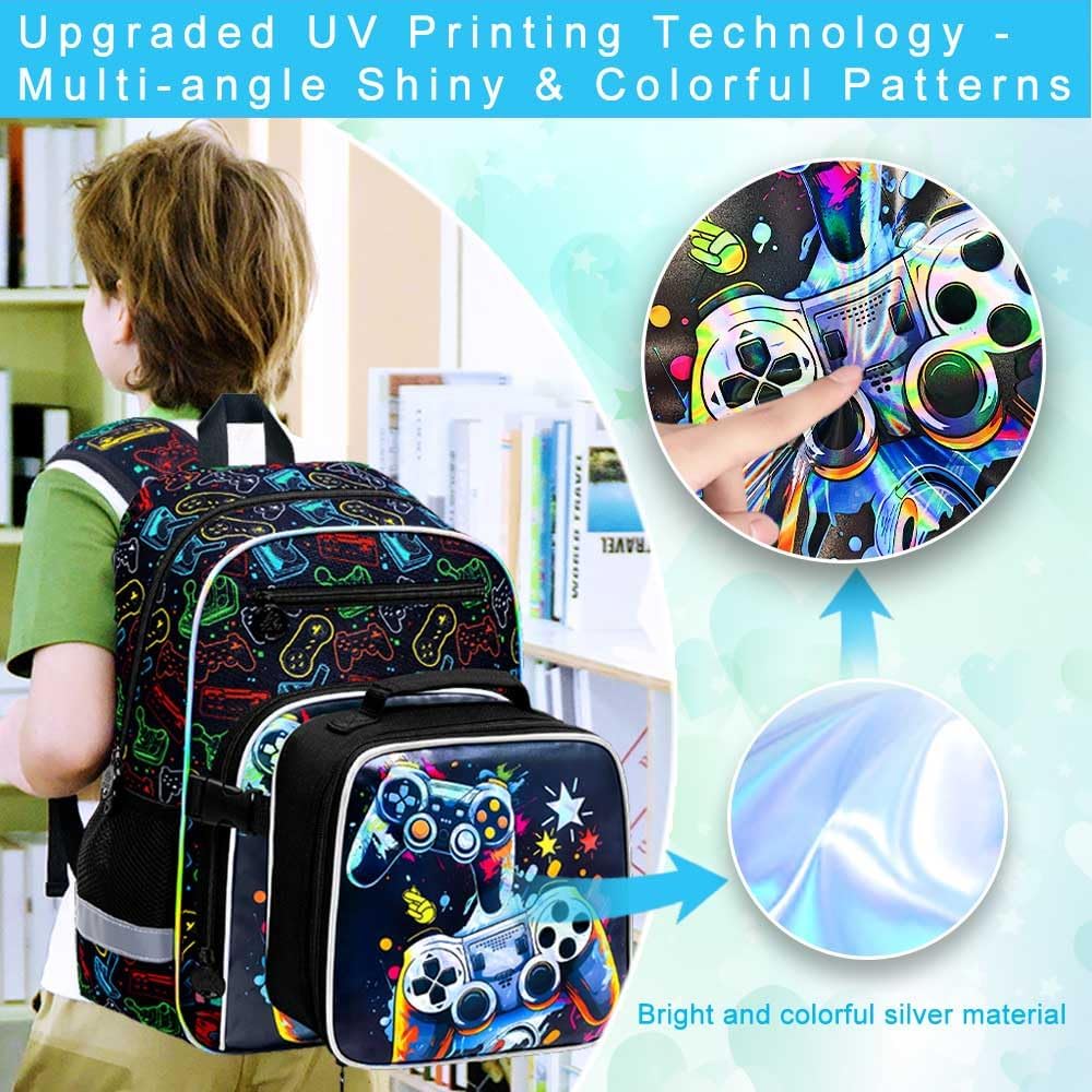 UFNDC Kids Backpack for Boys, 3PCS Bookbag Set with Clip-On Lunch Box, Water Resistant Game School Bag for Elementary Preschool Toddler, CLIP & GO!