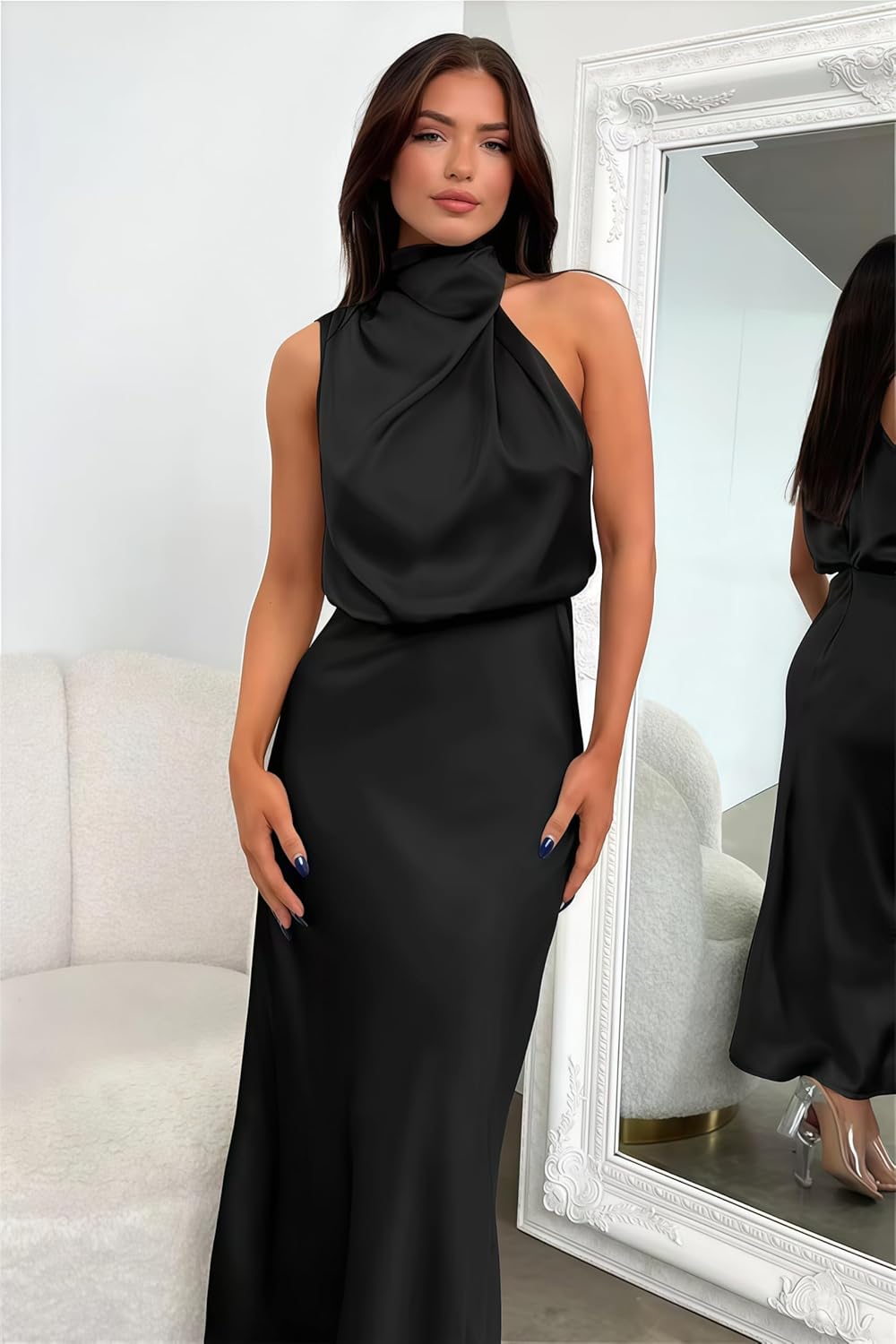 Mettclasi Women's Spring Summer Satin Sleeveless Halter Maxi Dress Elegant Formal Mock Neck Cocktail Party Evening Dress