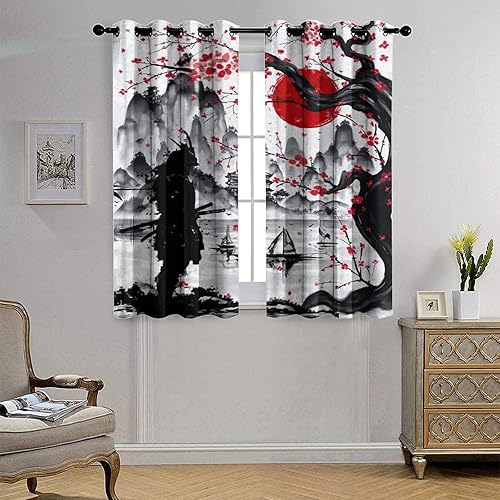 Miniatura 4 de Cortinas opacas japonesas retro para dormitorio, tinta de acuarela, samurái, sol rojo, montaña, cerezo, flores, ojales, aislamiento térmico,