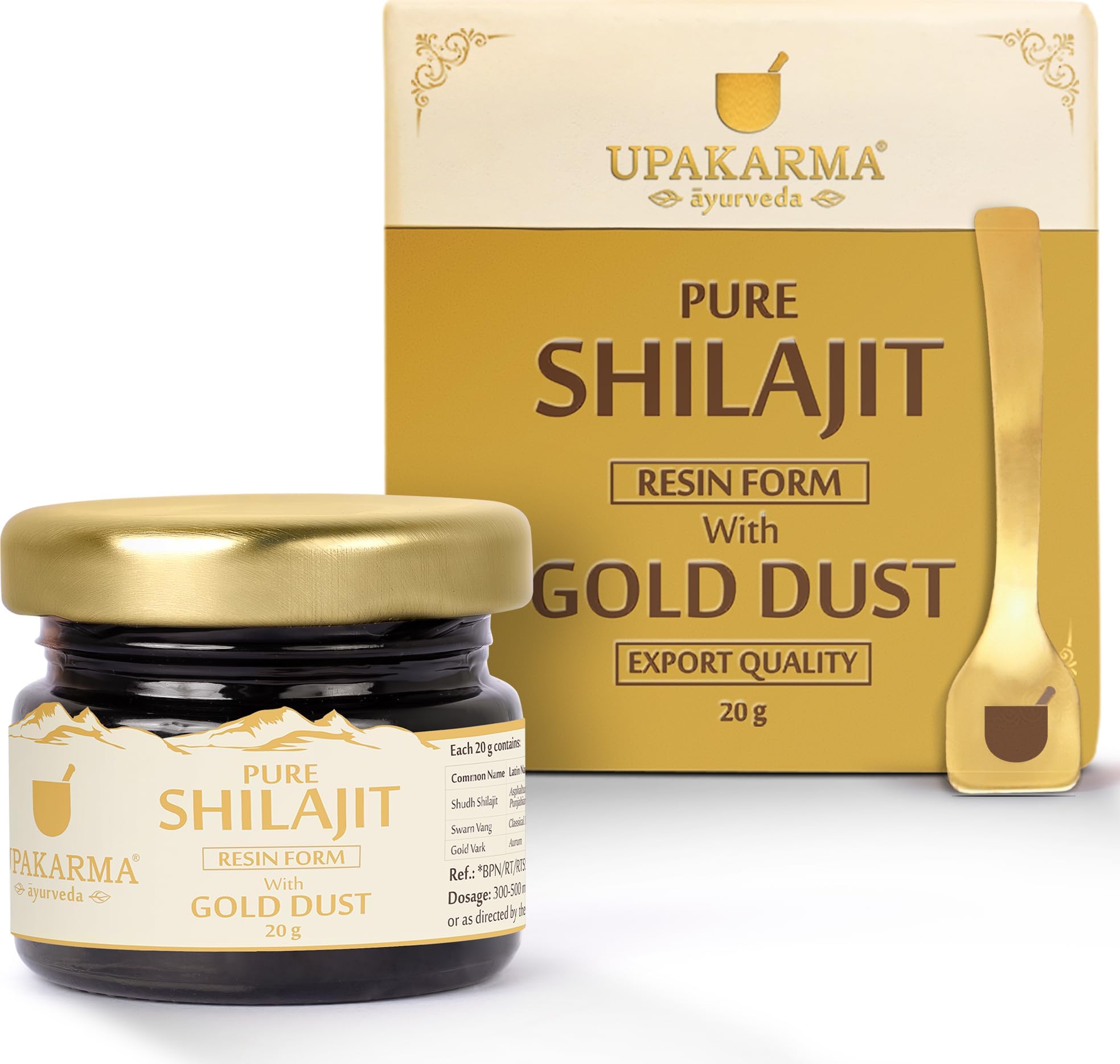 UPAKARMA Premium Ayurvedic Pure and Natural Shilajit Gold Resin with Pure Gold Dust Helps Boost Immunity, Energy, Strength, Stamina, and Overall Health - 20 Grams Shilajeet - Pack of 1