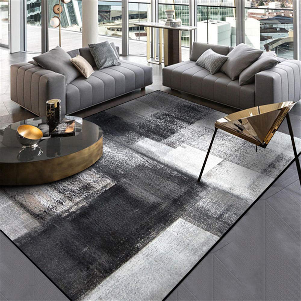 Tapis de salon noir gris 80x120 cm à motif d'encre abstraite rectangle