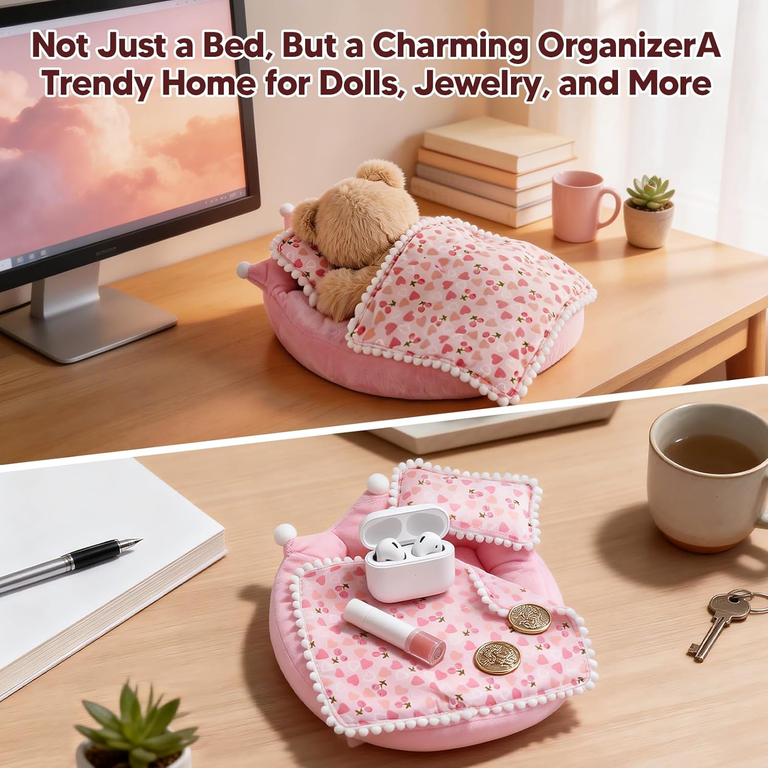 Labubu Bed, Pink Strawberry Miniature Pillow Blanket Set, Doll 10-17cm Furniture, Compatible Boo-Boo Accessory, Collectors Display Decor, Shelf Photography Props Hobby Gift