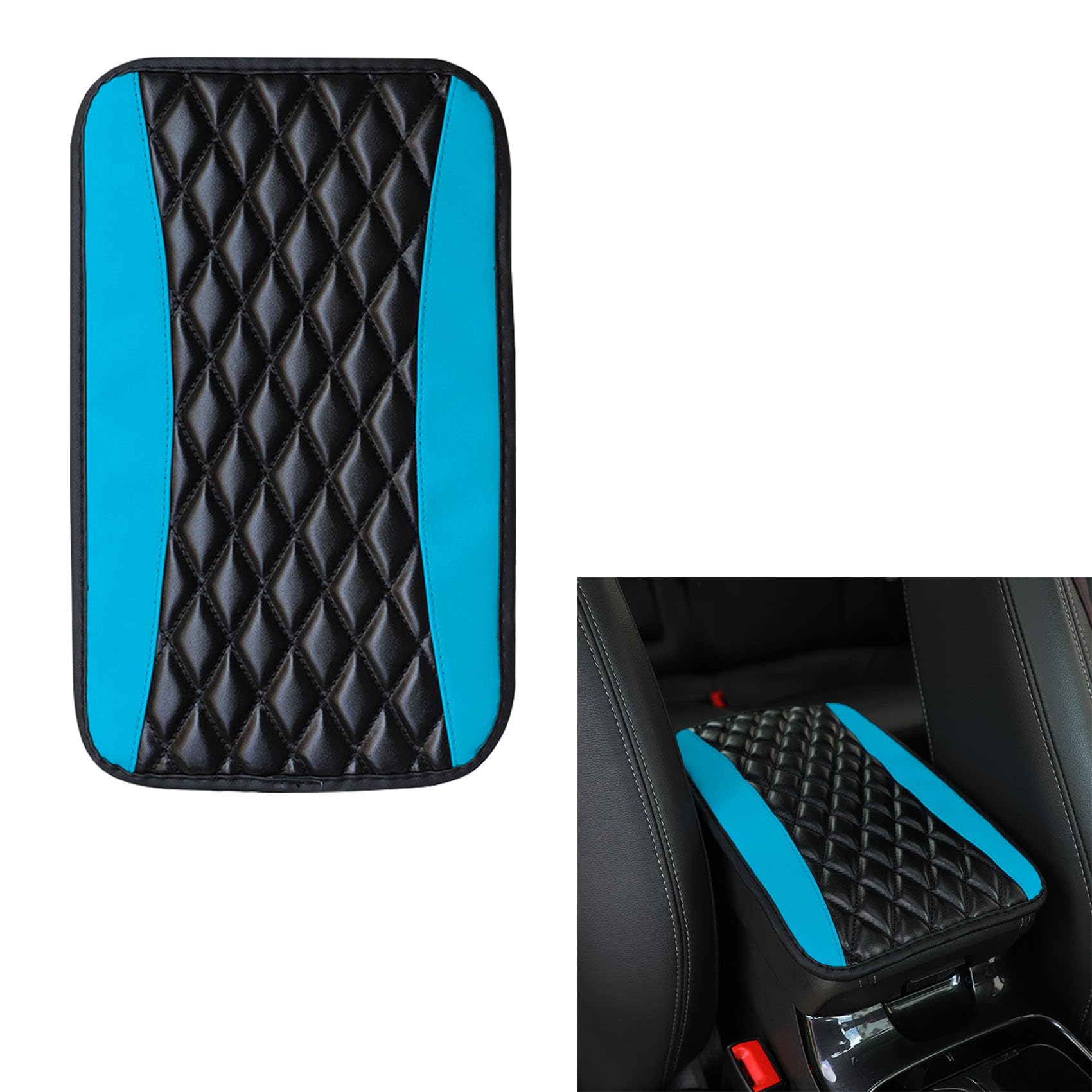 CHRYMUM Car Center Console Cushion Pad, Car Armrest Waterproof Non Slip Interior Accessories, PU Leather Auto Armrest Cover Protector, Waterproof Armrest Seat Box Cover Protector for Most Cars (Blue)