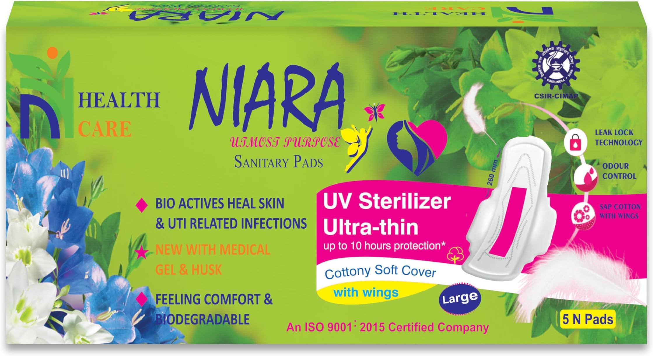 Niara Sanitary Pads Rash Free, Anti Tan, Skin Friendly, Double Wing Shape, Advanced Leak Protection, Large, 260mm - 9 Pack (45 Pads)