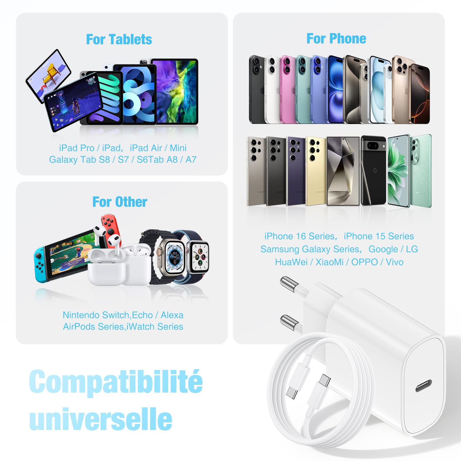 20W Chargeur USB C pour iPhone 17/16/15,Adaptateur USB C Chargeur Rapide avec 2m Câble USBC, Compatible iPhone 16e,16/15 Plus,17 Air, 17/16/15 Pro, Pro Max, Pad