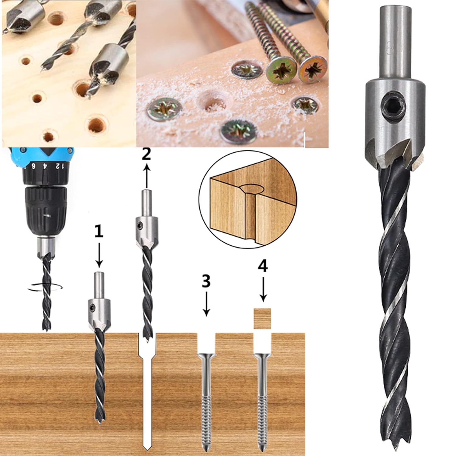 7-Piece HSS Countersink Drill Bit Set for Woodworking - 75° & 82° Angles
