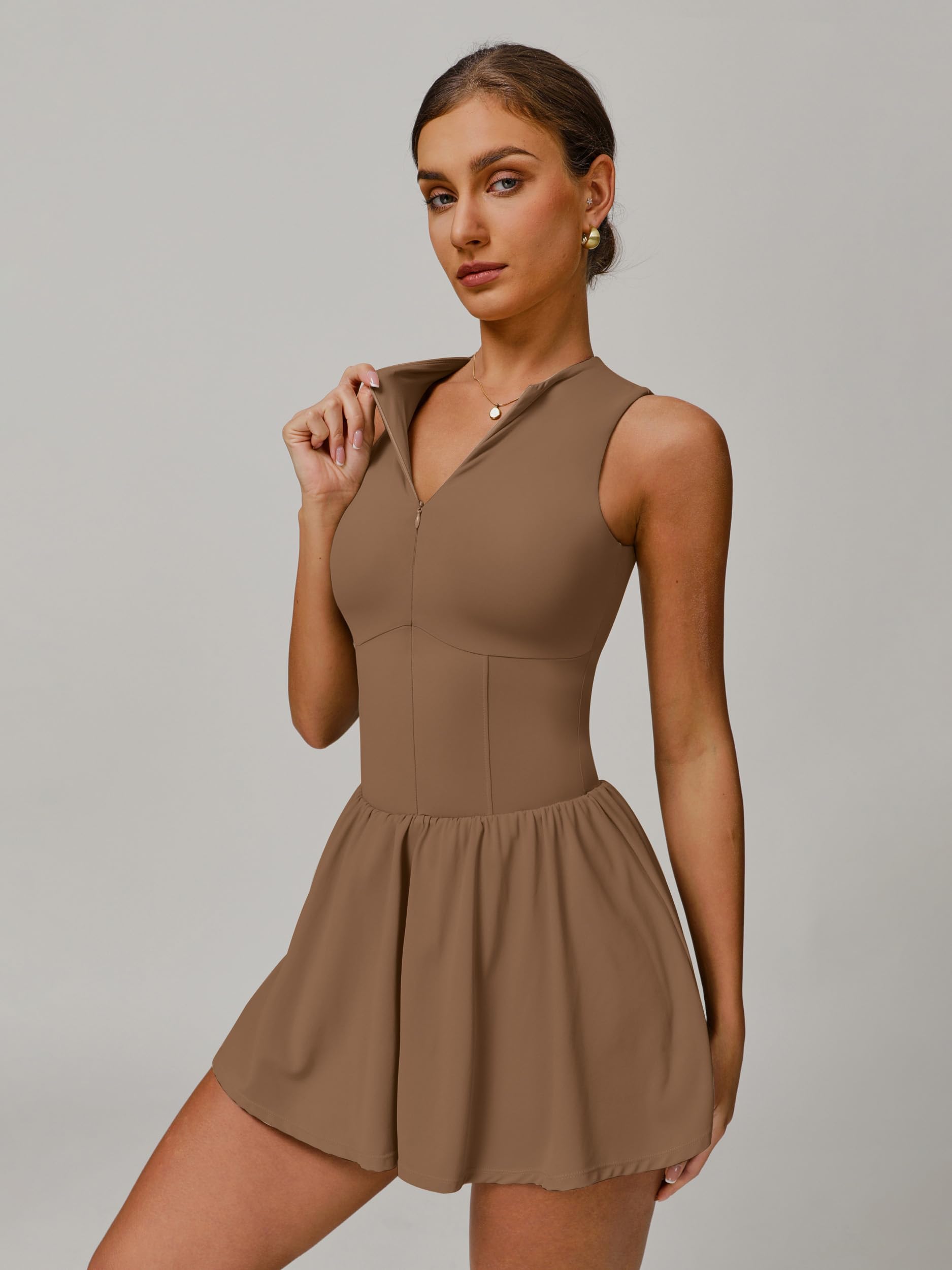 Vestito da tennis da donna, con chiusura lampo, con reggiseno integrato, pantaloncini con tasca, linea ad A, senza maniche, mini abito sportivo, da golf, sportivo