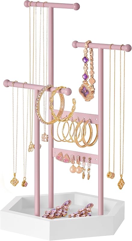 Jewelry Holder, Jewelry Organizer, 3 Tiers and 1 Tray, Jewelry Display Stand with Metal Frame, Necklace Earring Bracelet Holder, for Rings, Jelly Pink and Cloud White UJJS003R01