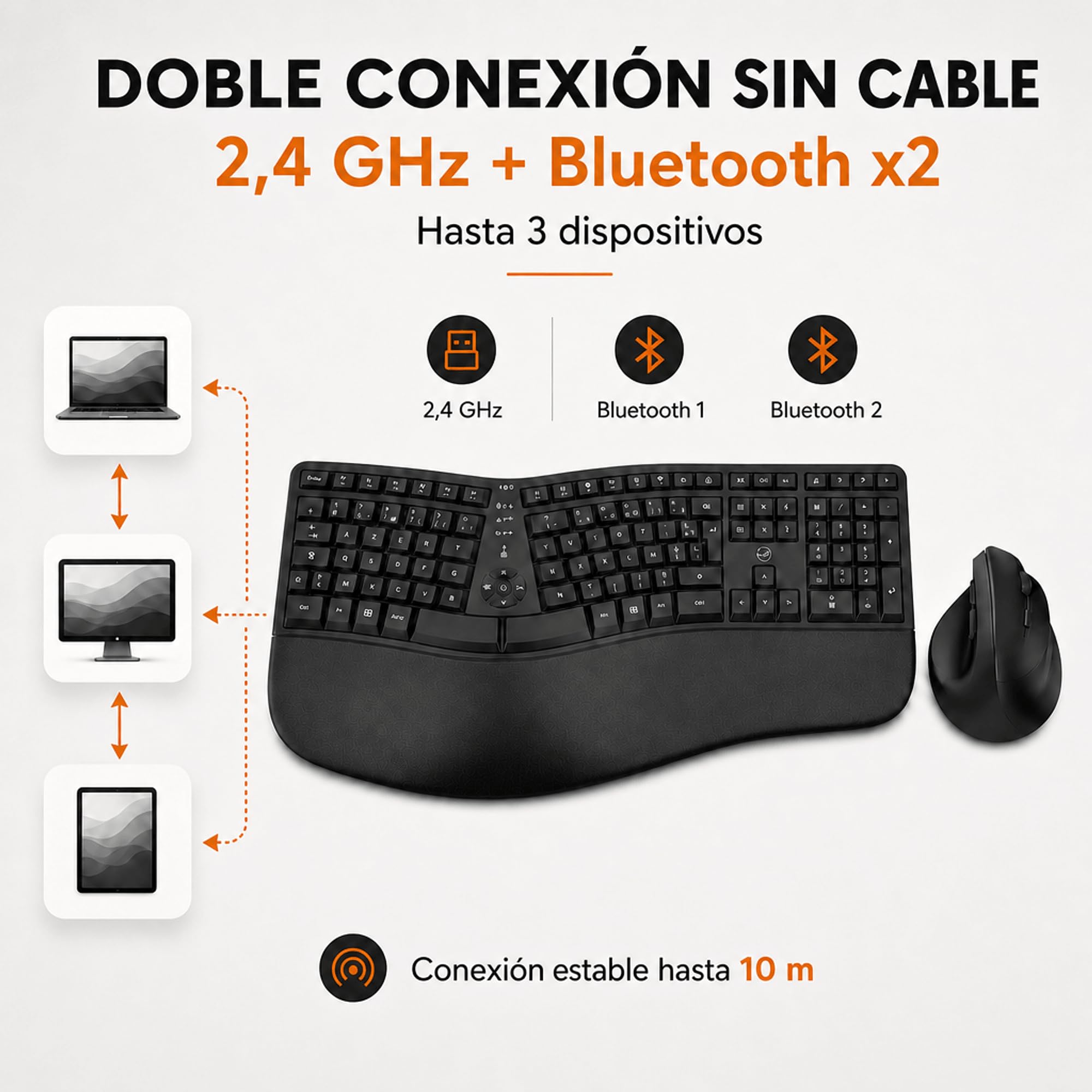 MOBILKTY Lab - Ergo C30W - Combo Teclado + ratón inalámbrico ergonómico - AZERTY, reposamuñecas, diseño ergonómico, inclinación Ajustable del Teclado, dpi Ajustable - Windows