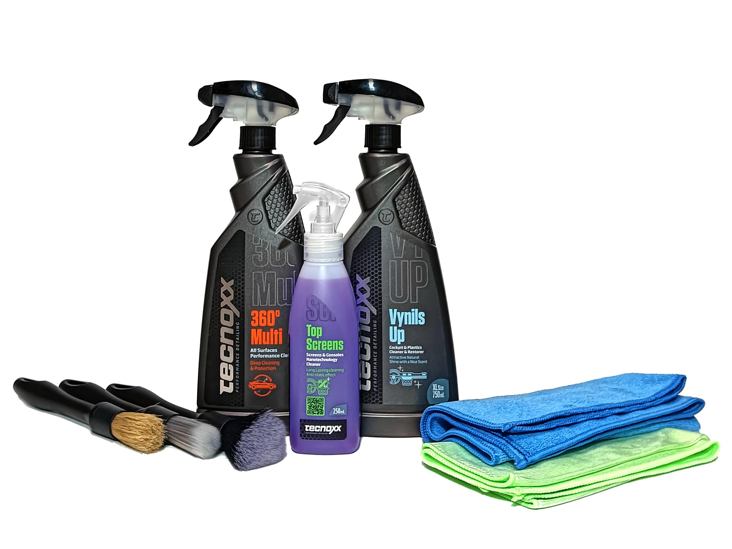 Tecnoxx - Kit Detailing 360 Set di 3 Prodotti per Pulizia Interna ed Esterna delle Auto con Idratante per Cruscotto Pulisci Schermi Touch Prodotto Multifunzione Set di Pennelli e 2 Panni in Microfibra