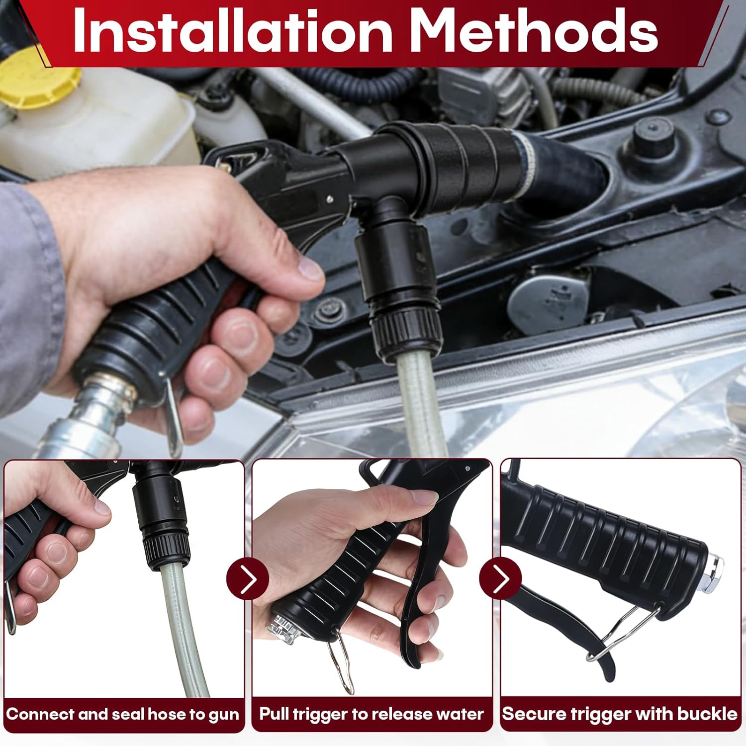 Lever Action Coolant Flush Gun – Radiator & Heater Core Flush Tool with Air and Water Connections, Includes Nozzles for 19-40mm Hoses, Automotive Coolant System Flush Gun