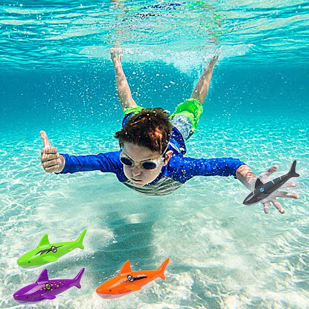 4er Pack Set Poolspielzeug Tauchen Torpedo Haifischform Gleitender Torpedo Für Kinder Unterwasserspielzeug Sommerspaß Schwimmspielzeug Für Bad Pool Wasserpark und Meer