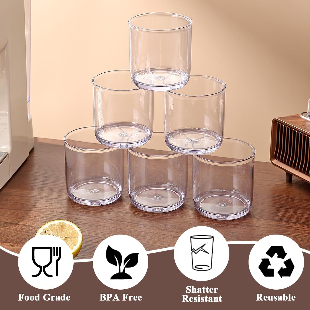 Kyraton Old Fashioned Whiskey Glasses Set of 6, PET Clear Plastic 11.5oz Heavy Duty Unbreakable Water Glasses Cup Tumbler Glassware for Beer, Milk, Scotch, Juice, Liquor Vodka, Bourbon, Cocktail. - Image 4