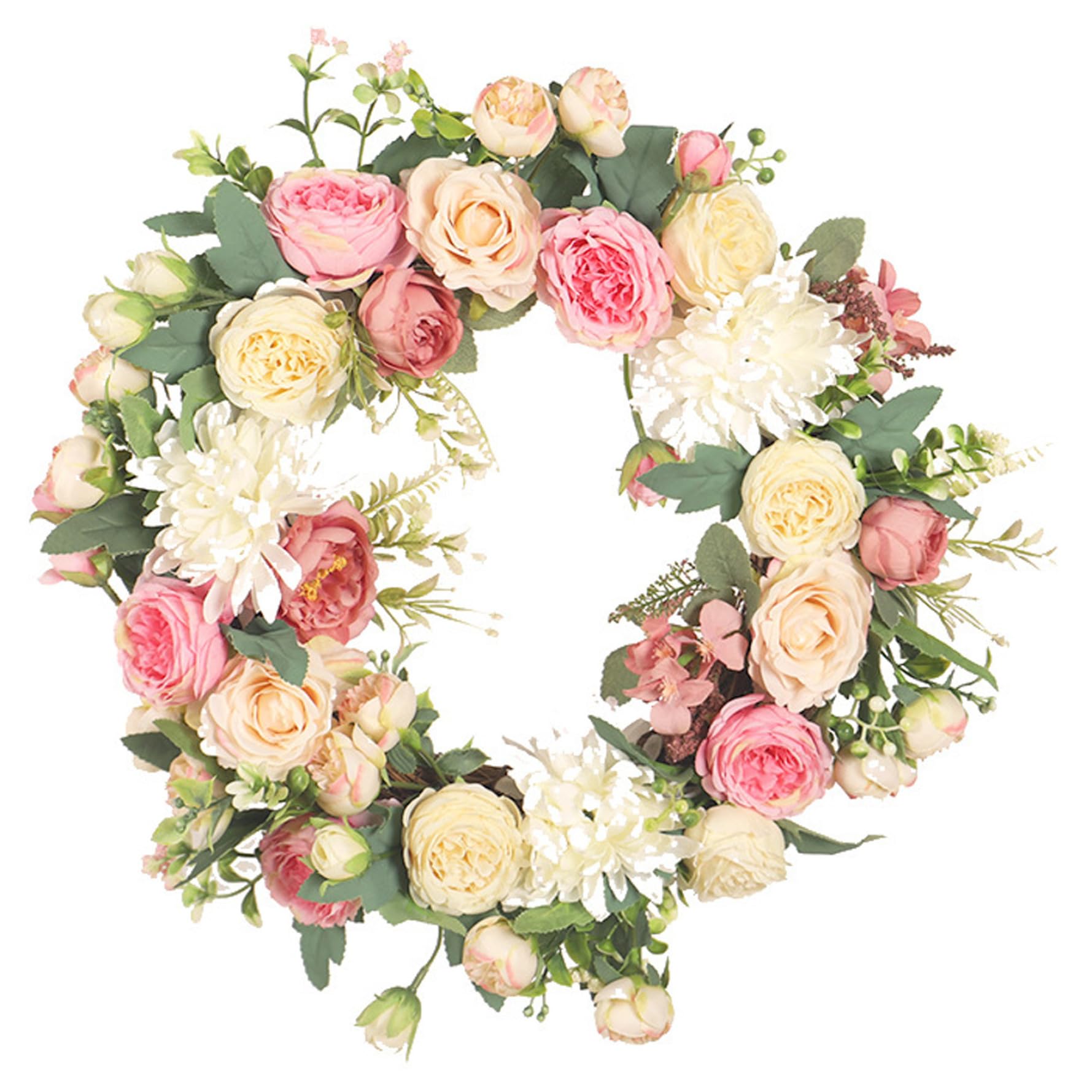 Hintyne Door Wreath Spring Wreaths for Front Door, 16 Inch Front Wreaths, Floral Wreath with Green Leaves, Artificial Peony Flower for Easter Wall Window Decor