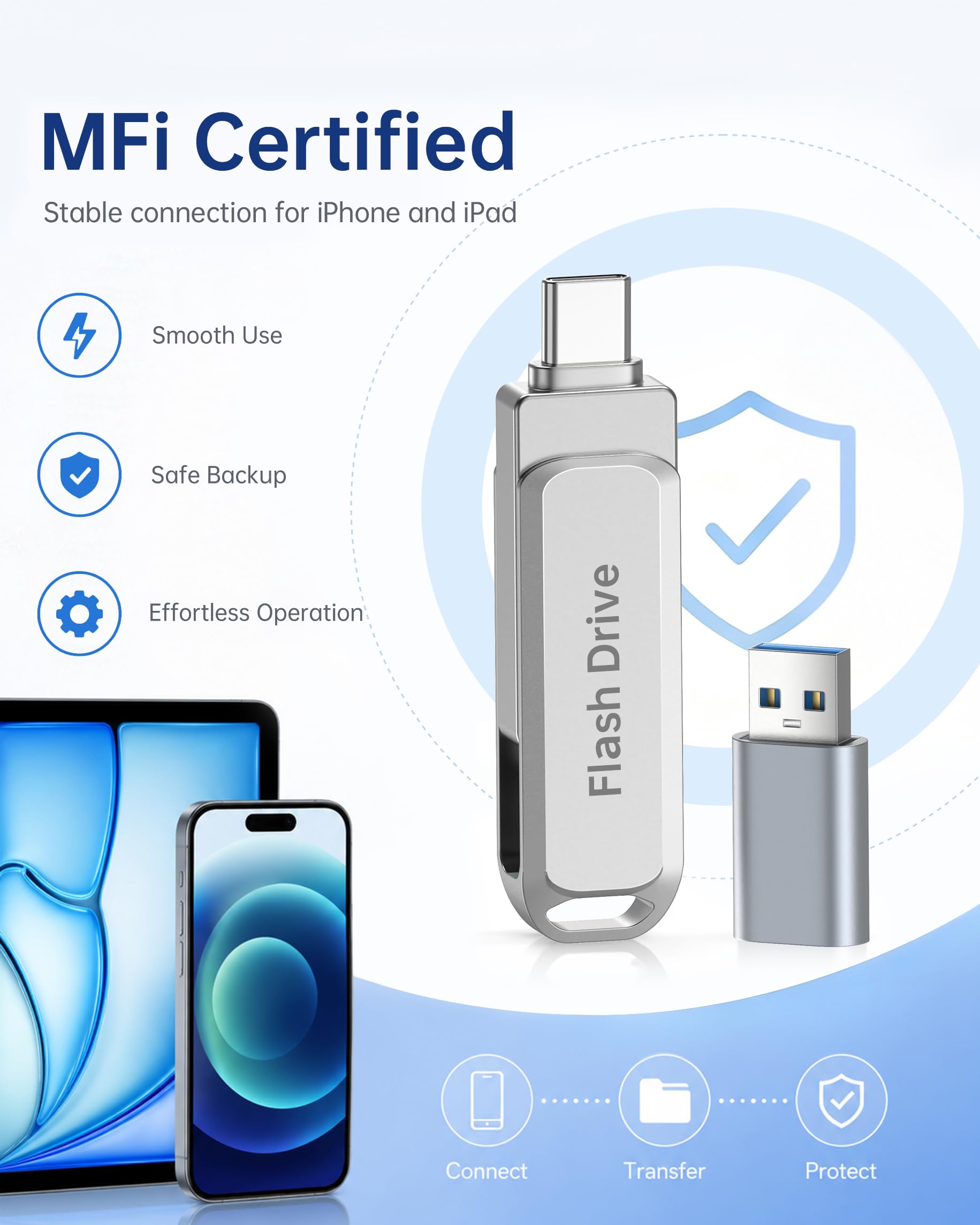 Chiavetta USB da 512 GB certificata MFI (argento), compatibile con iPhone, iPad, Android e PC, flash portatile 3 in 1, chiavetta USB, memoria per foto, archiviazione dati con ~ 484 GB di spazio