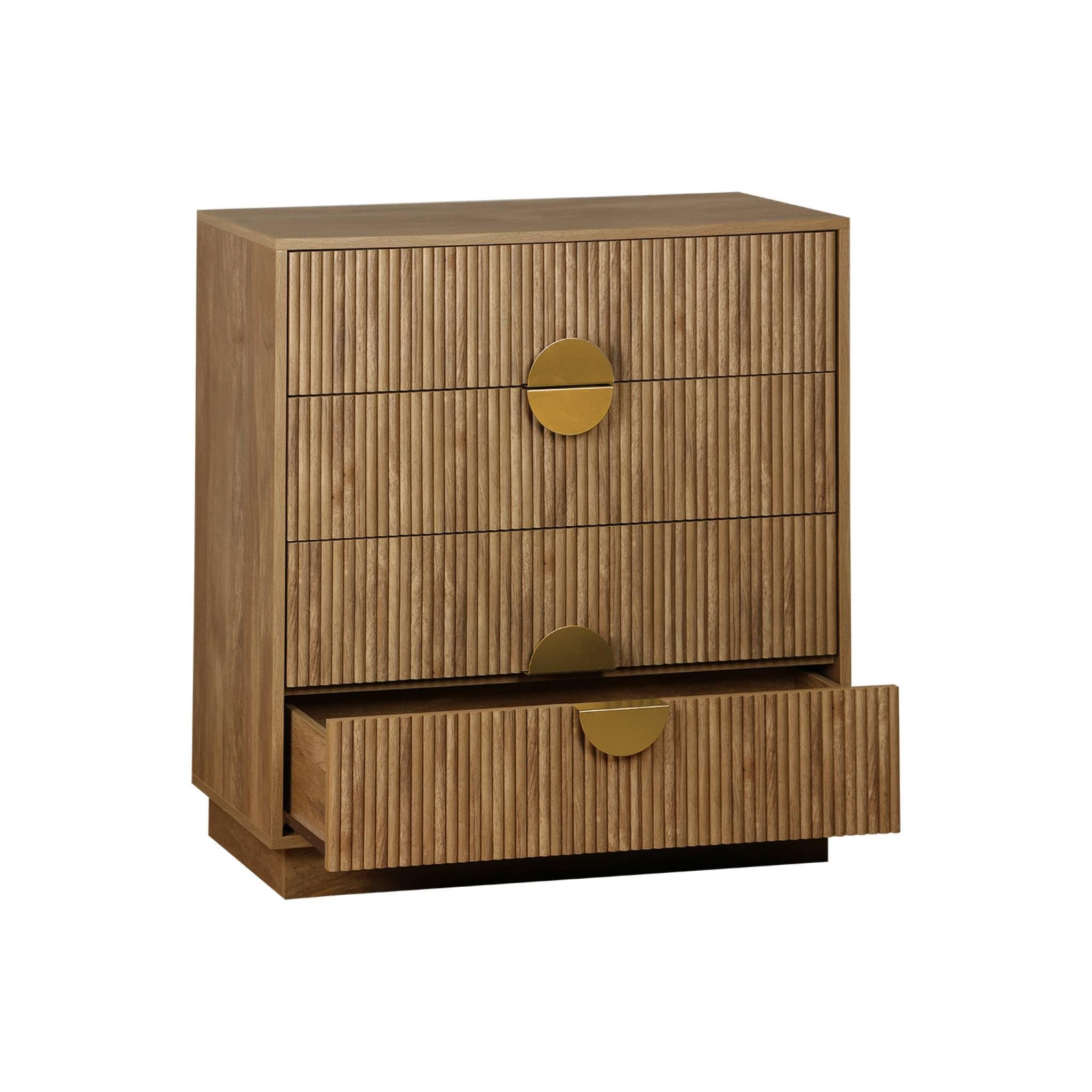 sweeek - Commode 4 tiroirs décor Bois de manguier rainuré. poignées en métal doré. L80 x P40 x H85cm