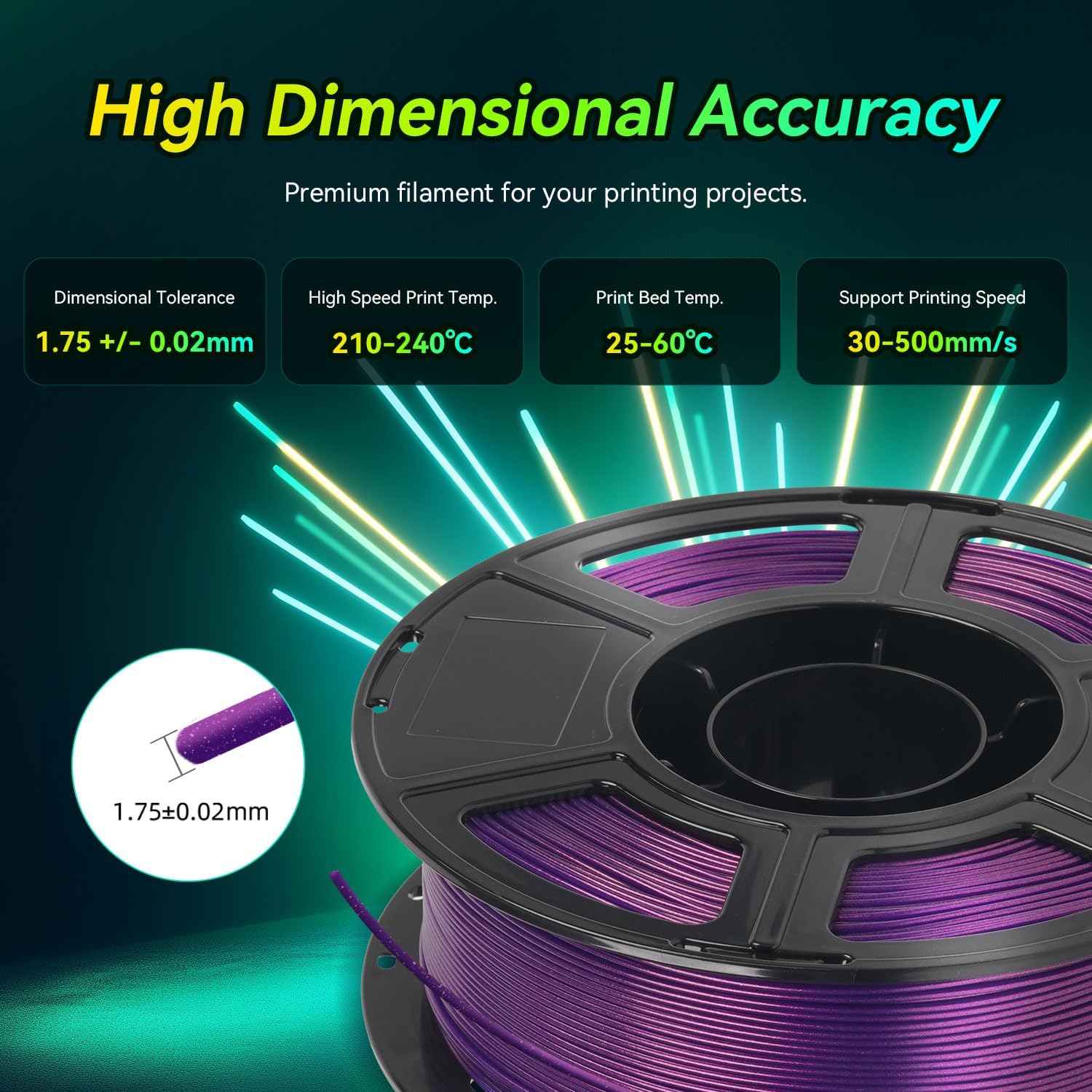 FLASHFORGE Xmas Series Rapid PLA Filament Aurora Purple, High Flow Speedy 3D Printer Filament Max 500mm/s High-Speed Printing, Radiated Unparalleled Brilliance, Twinkling and Ultra-Smooth Finish - Image 5