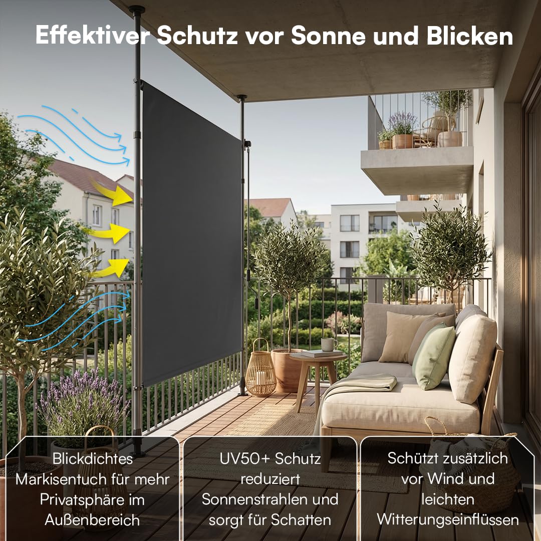 STEELSØN Serelia Senkrechtmarkise 120x310 cm – Vertikalmarkise außen Antharzit – Sichtschutz Balkon wetterfest – Klemmmarkise als Sonnenschutz & Windschutz – Balkonmarkise ohne Bohren – Outdoor-Rollo