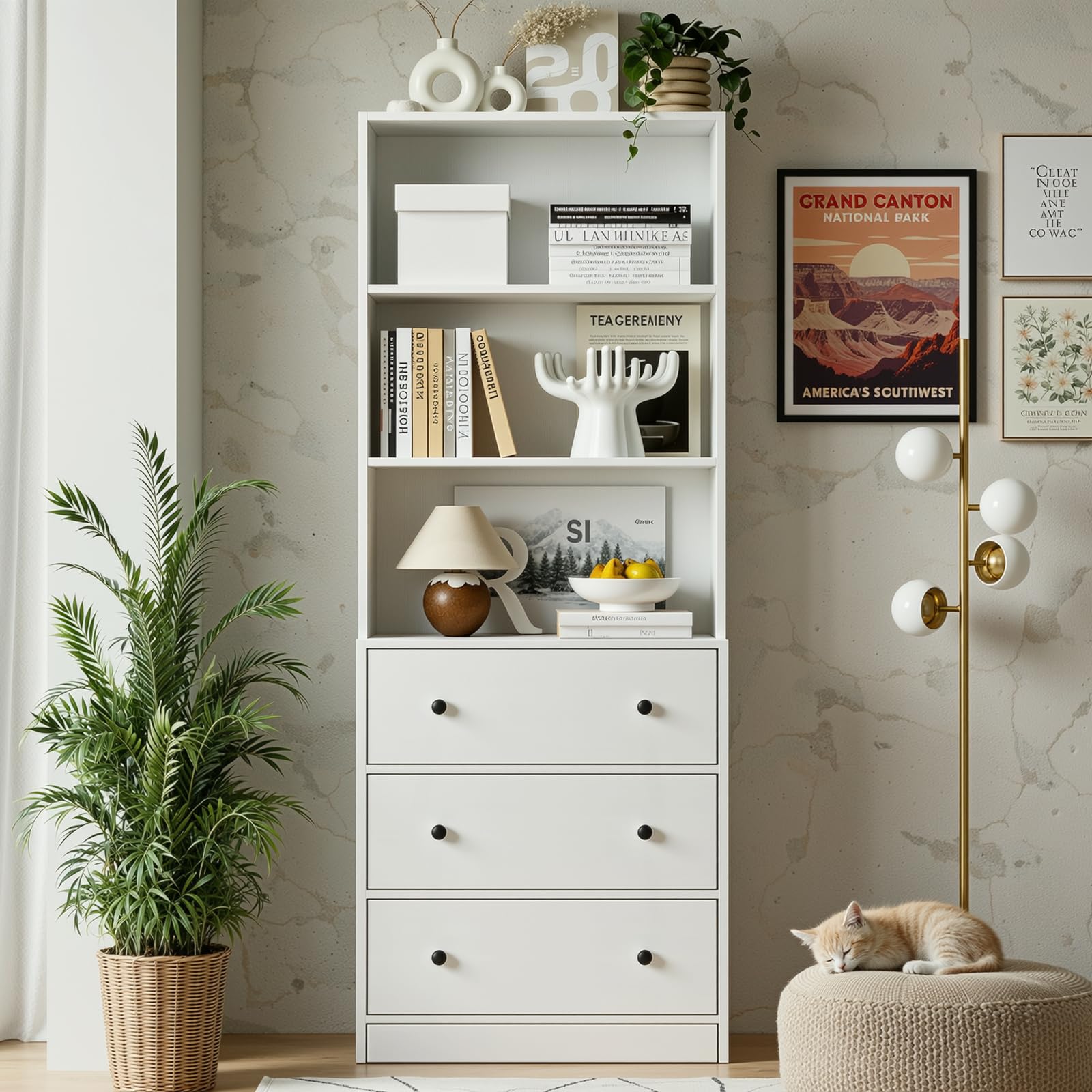 TUSY 71'' Wood Bookshelf with 3 Drawers - 6 Tier Freestanding Tall Storage Cabinet, Modern Floor Cabinet for Bedroom, Curio Cabinets with Storage for Living Room, Home Office (natural)