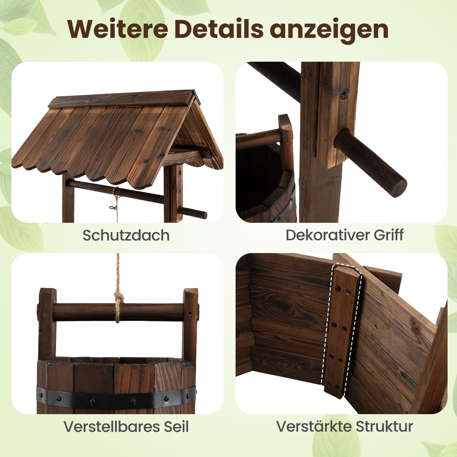 COSTWAY Holzbrunnen mit Dach, Wunschbrunnen Garten, Blumenkübel Dekobrunnen Blumentopf, Dekoration für Draußen Veranda, Zierbrunnen Brunnen Gartenbrunnen, 56 x 56 x 119 cm, Braun