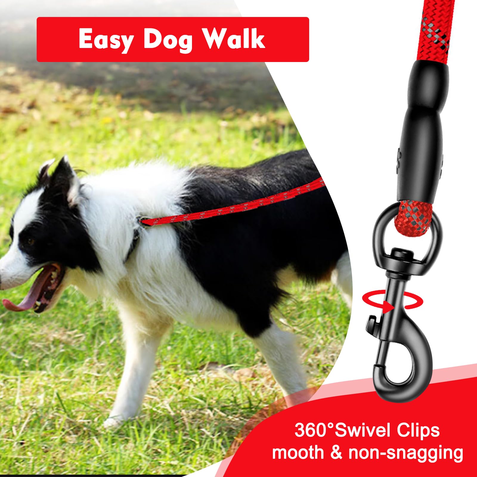 Ledeak Reflective Dog Lead - 2m Nylon Anti-Pull Slip Rope, Soft Padded Handle for Training Small/Medium/Large Puppies (Red) - Image 3