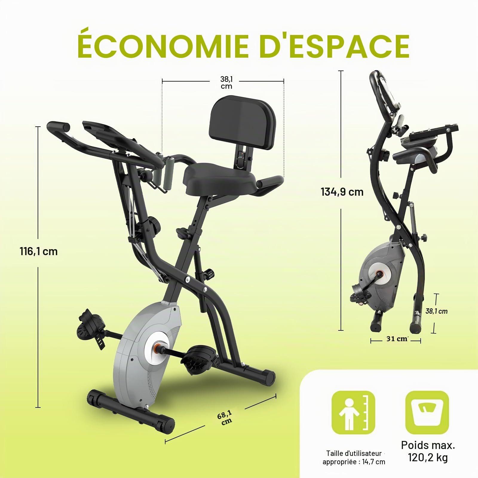 ATIVAFIT Vélo d'Appartement Pliable Vélo d'Entraînement avec Ecran ACL à Capteur de Pouls Manuel, Sièges et Poignées Confortable