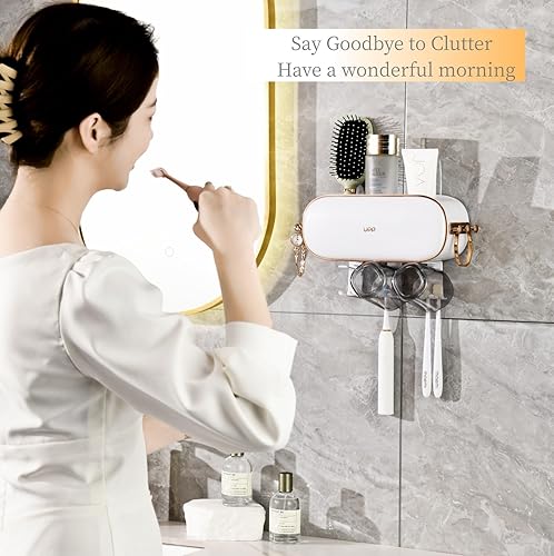 Miniatura 5 de Ayswupt Soporte para cepillo de dientes montado en la pared, soportes para cepillos de dientes para baños con 4 tazas, soporte para cepillo de